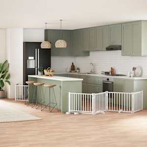 Ograda za pse z vrati zložljiva 8 panelov bela 640 cm les