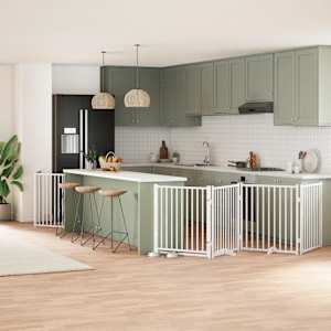 Ograda za pse z vrati zložljiva 6 panelov bela 480 cm les