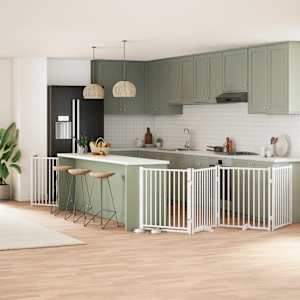 Ograda za pse z vrati zložljiva 12 panelov bela 960 cm les