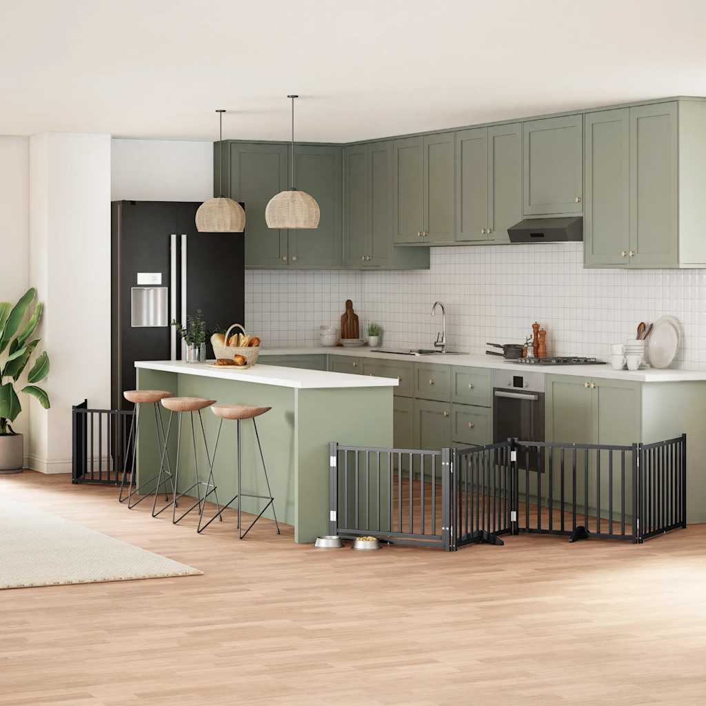 vidaXL Poartă câini pliabilă cu ușă 8 panouri negru 640 cm, lemn plop