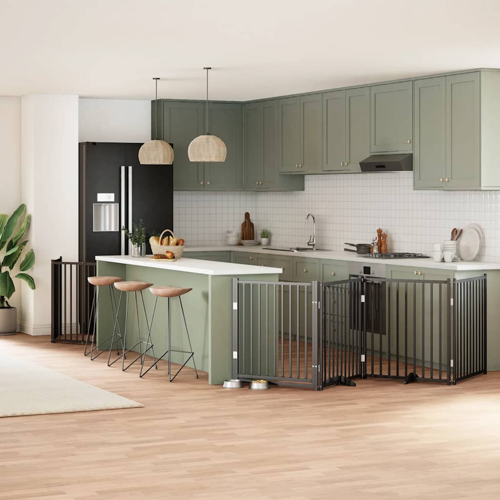 vidaXL Poartă câini pliabilă cu ușă 6 panouri negru, 480 cm, lemn plop