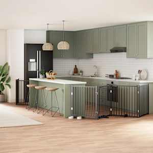 Ograda za pse z vrati zložljiva 6 panelov črna 480 cm les