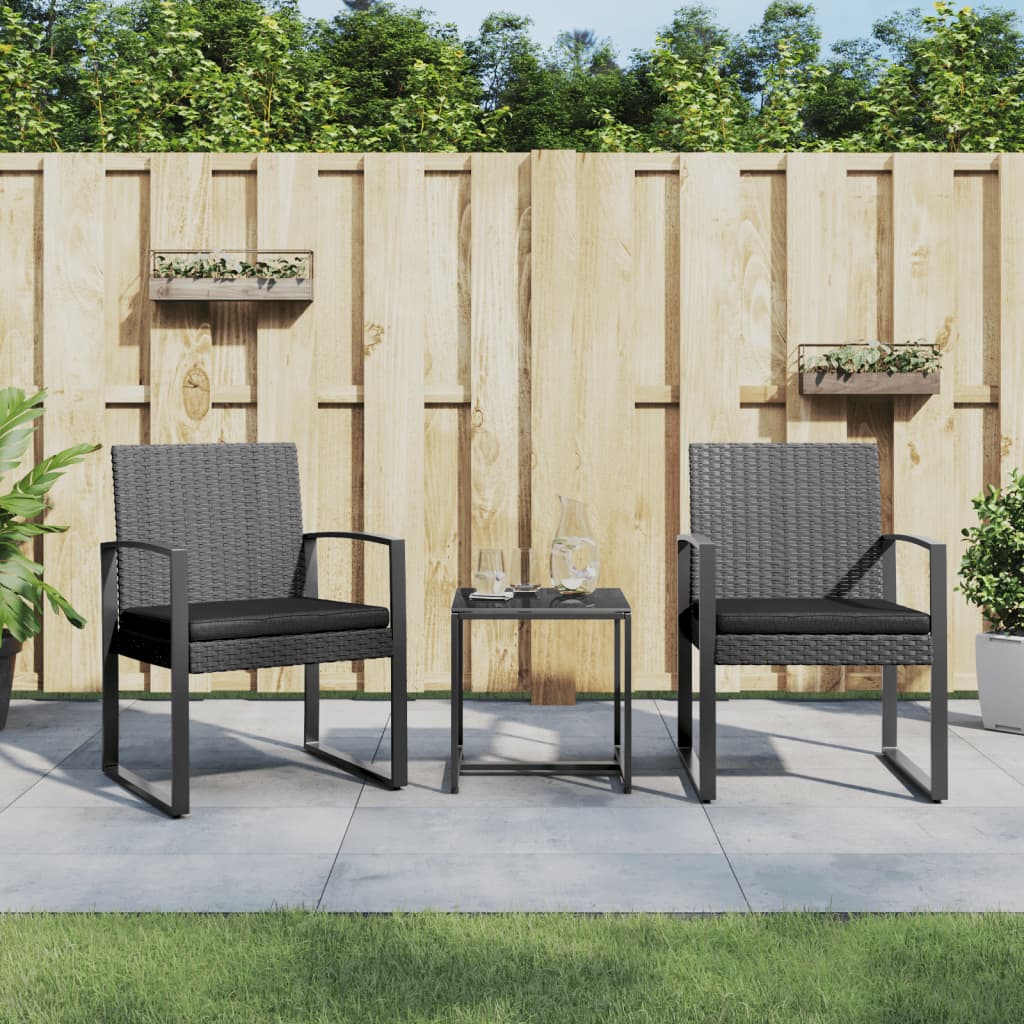 Zestaw mebli ogrodowych: 2x krzesło, 1x stolik, 2x poduszka, czarny/ciemnoszary, PP/stal/szkło, 54,5x57x77,5 cm