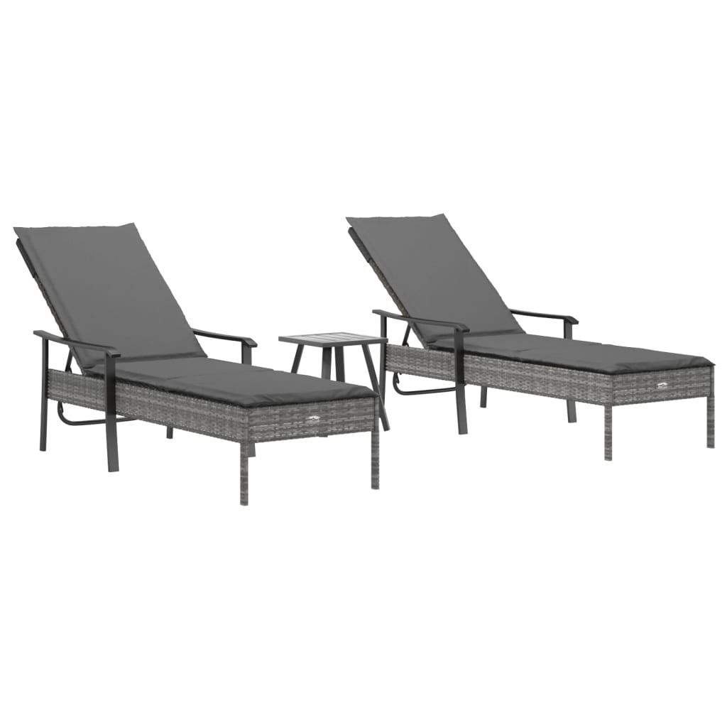 Thumbnail - vidaXL Sonnenliegen 2 Stk. mit Tisch und Auflagen Grau Poly Rattan