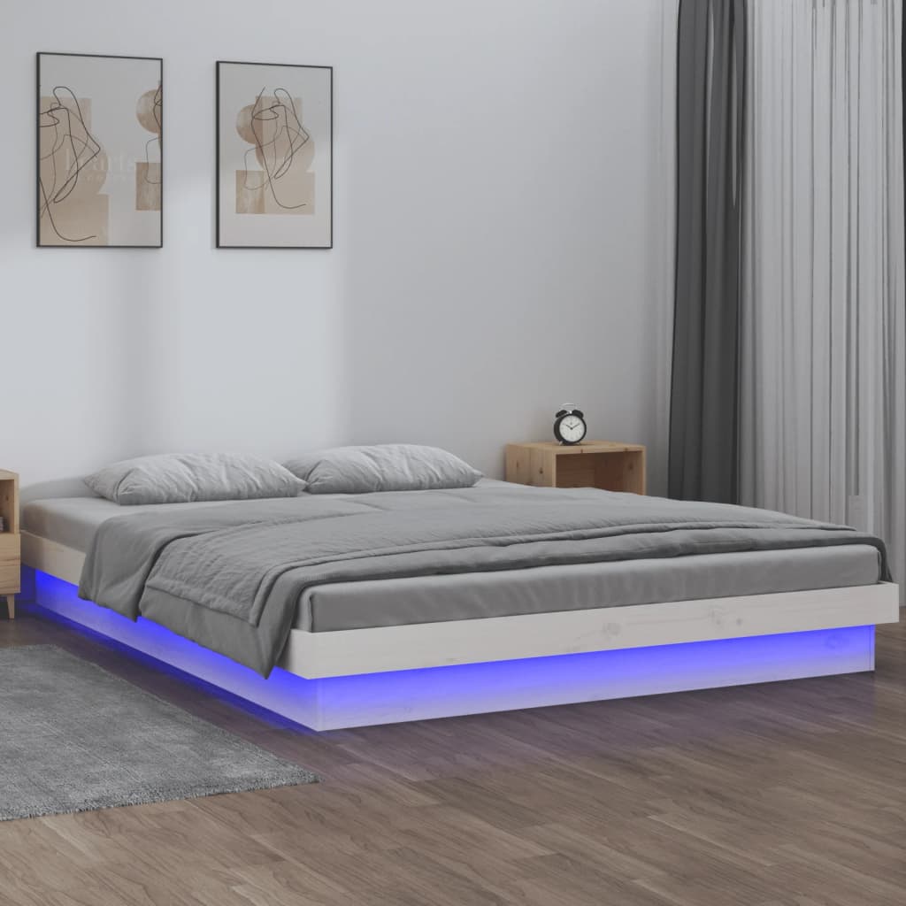 vidaXL Cadru de pat cu LED, alb, 140x200 cm, lemn masiv
