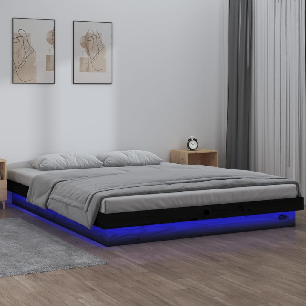 vidaXL Cadru de pat cu LED, negru, 160x200 cm, lemn masiv