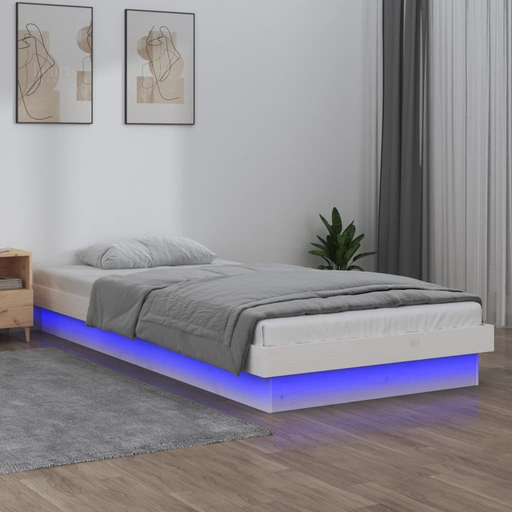 vidaXL Cadru de pat cu LED mic single 2FT6, alb, 75x190 cm, lemn masiv