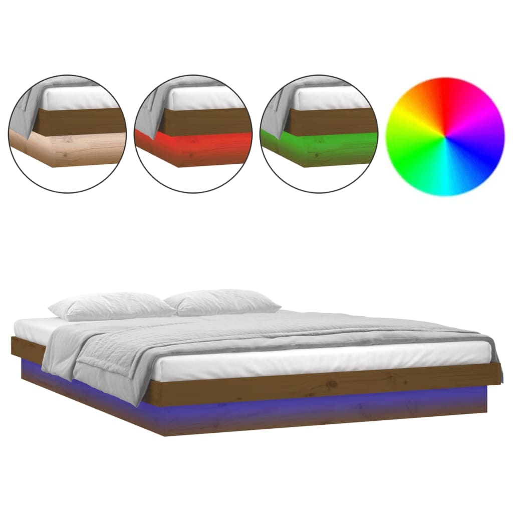 Cadru pat cu LED mic dublu 4FT maro miere 120x190 cm lemn masiv