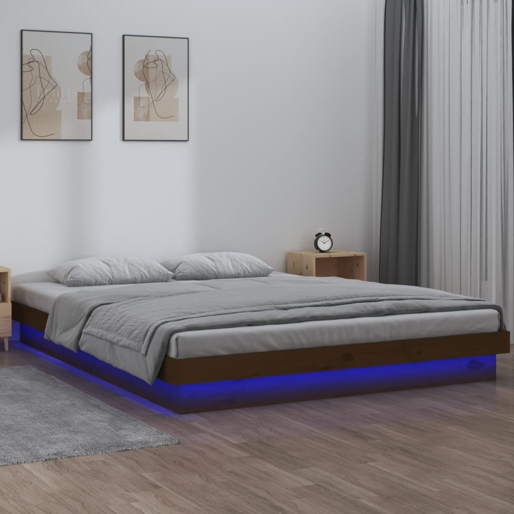 Cadru de pat LED dublu 4FT6, maro miere, 135x190 cm, lemn masiv