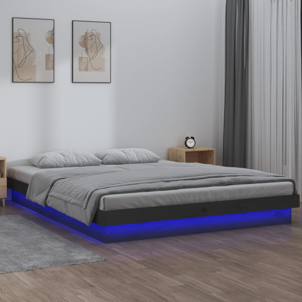 Cadru de pat cu LED, gri, 140x190 cm, lemn masiv
