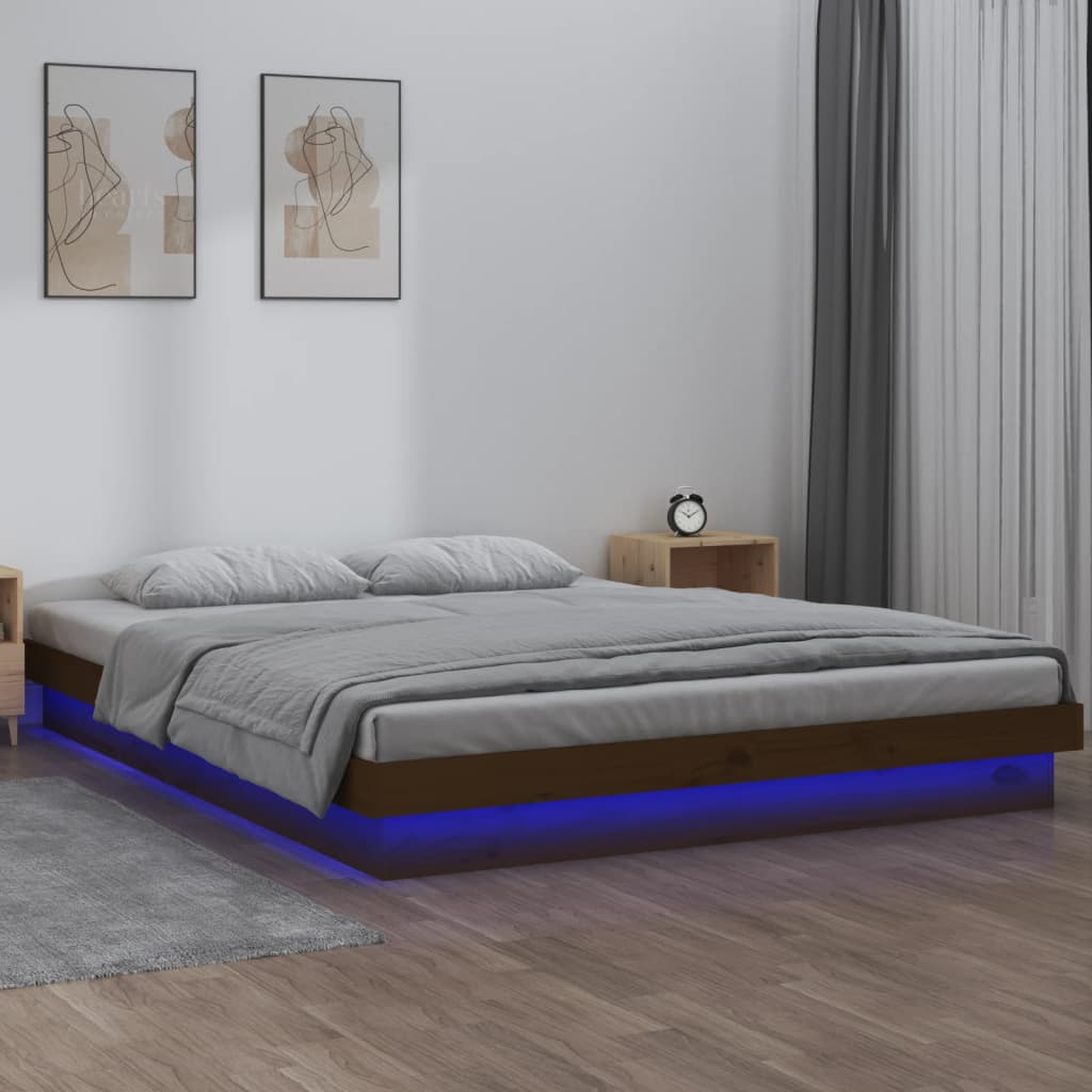 Cadru de pat cu LED, maro miere, 140x190 cm, lemn masiv