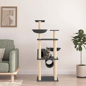 Mačje drevo s praskalniki iz sisala temno sivo 141 cm