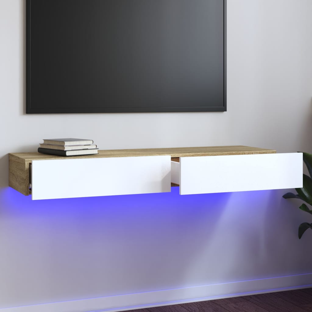 vidaXL Comodă TV cu lumini LED, alb/stejar sonoma, 120x35x15,5 cm