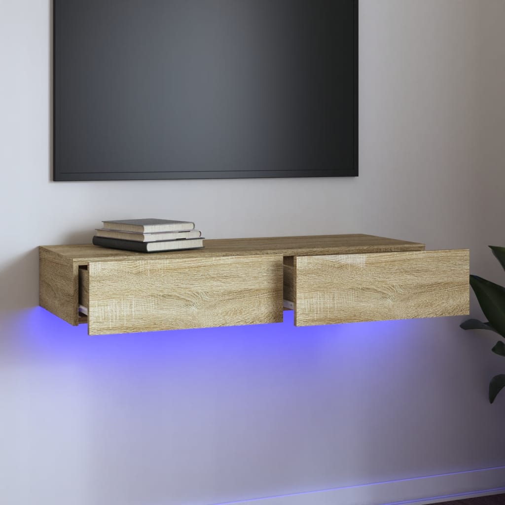 vidaXL Comodă TV cu lumini LED, stejar sonoma, 90x35x15,5 cm