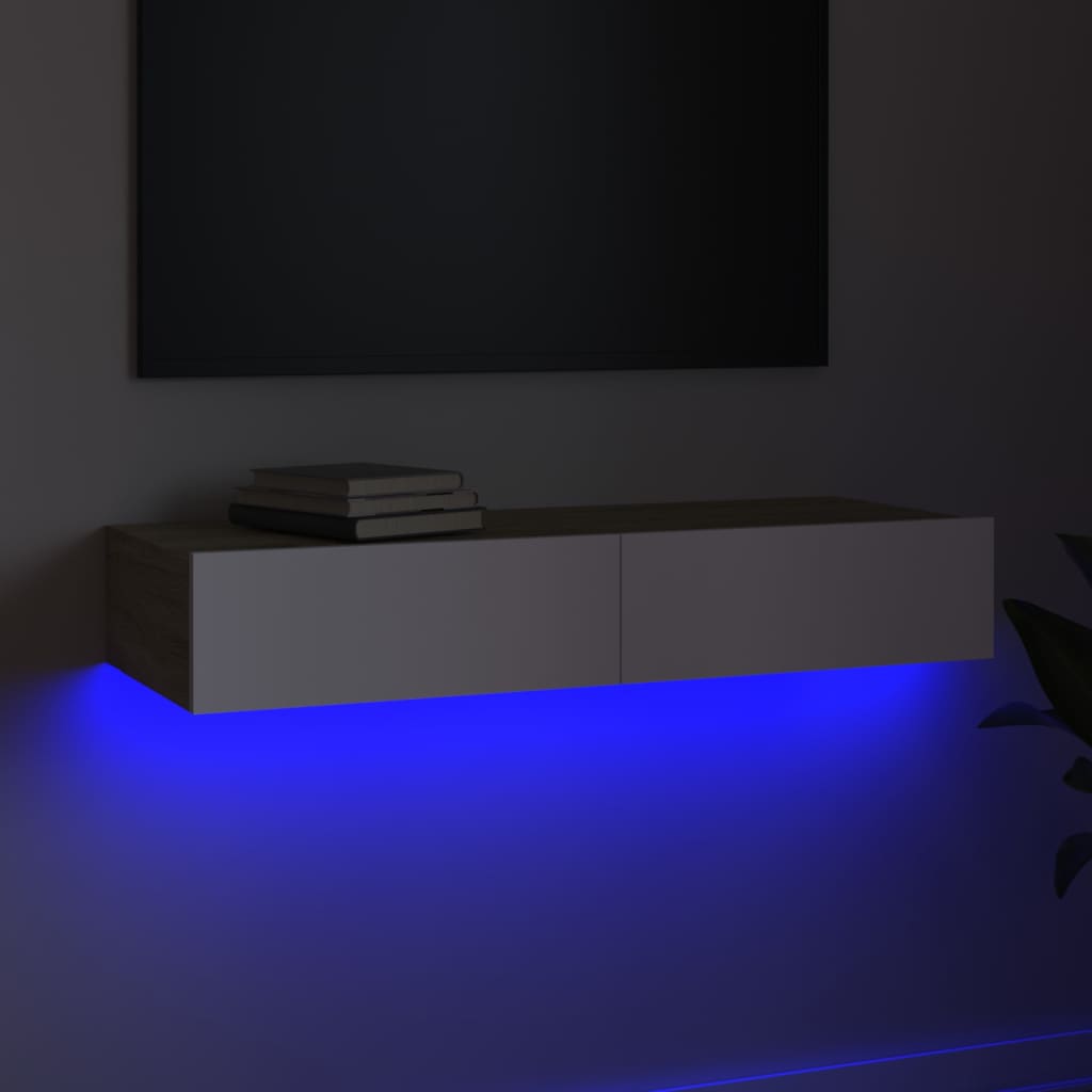 Comodă TV cu lumini LED, alb/stejar sonoma, 90x35x15,5 cm