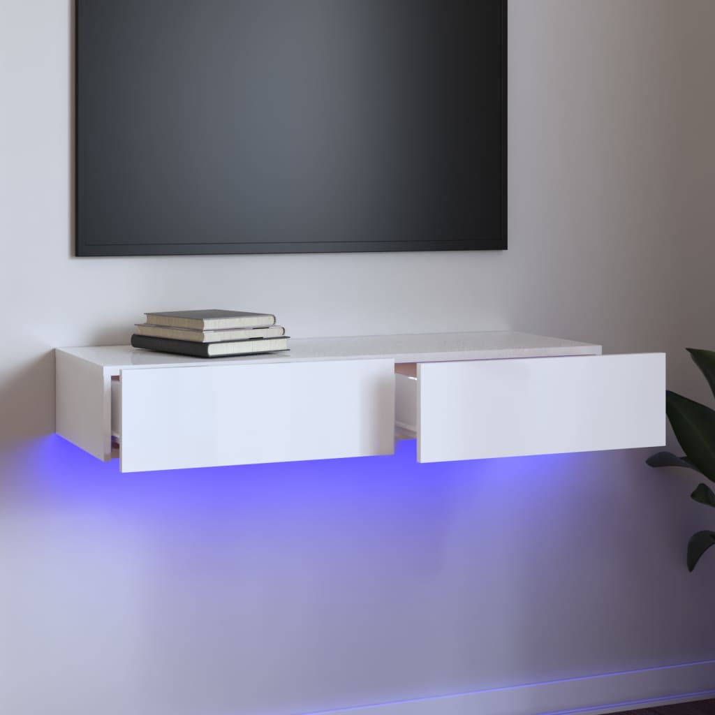 vidaXL Comodă TV cu lumini LED, alb extralucios, 90x35x15,5 cm