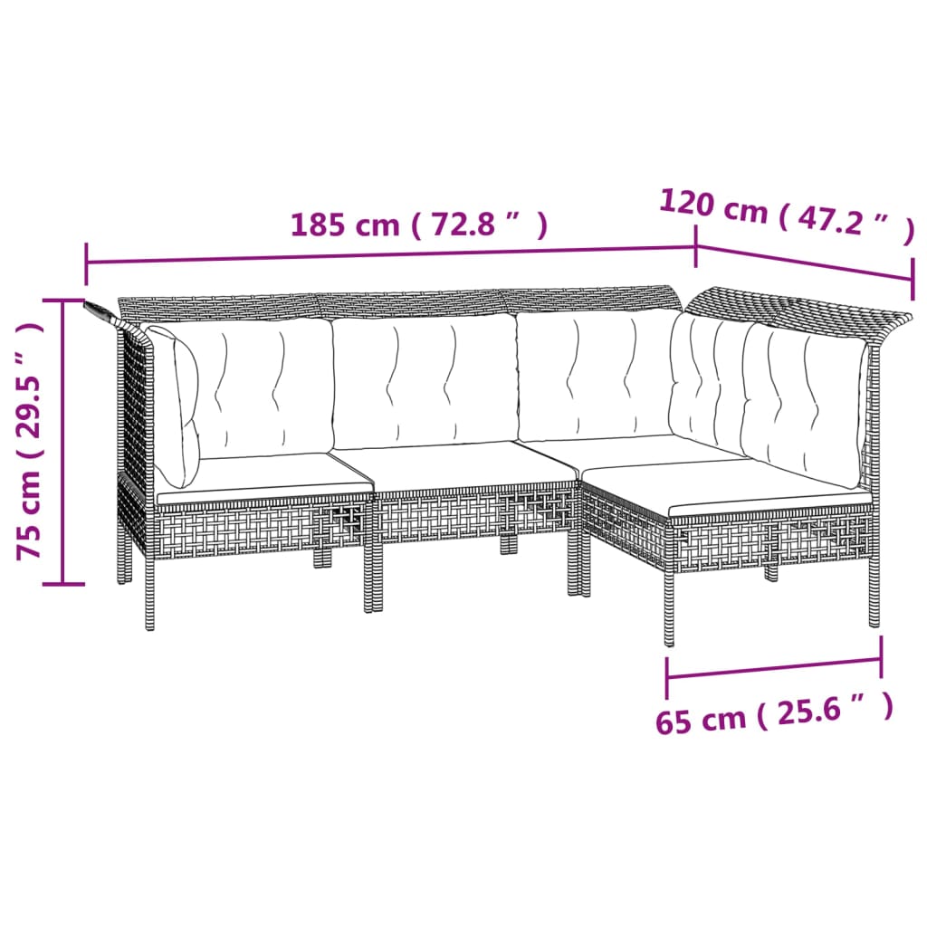 Set mobilier de grădină cu perne, 4 piese, gri, poliratan