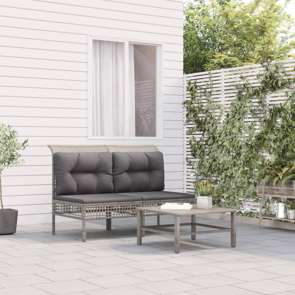vidaXL Garten-Mittelsofas mit Kissen 2 Stk. Grau Poly Rattan