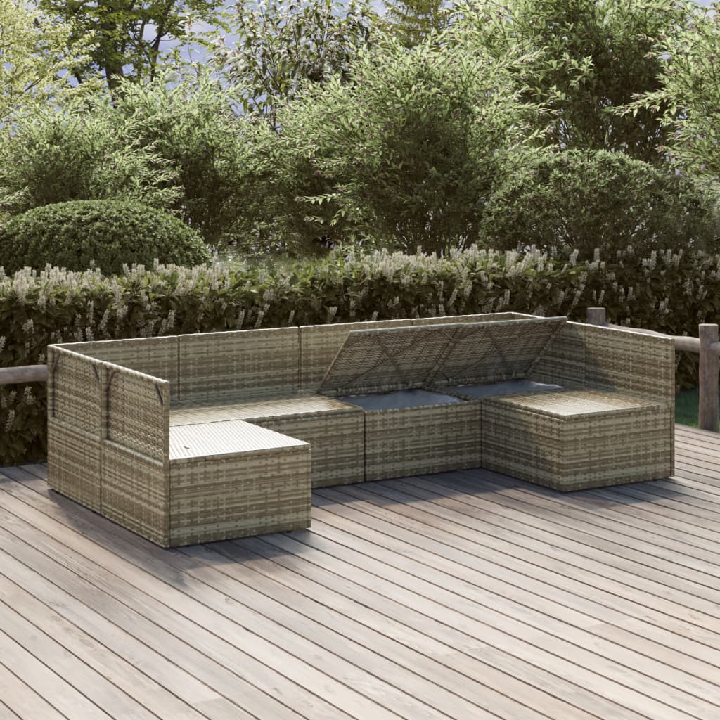 Градински комплект с възглавници, 6 части, полиратан, сив