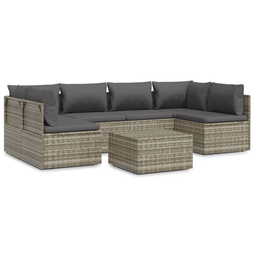 Градински лаундж комплект с възглавници 7 части полиратан сив