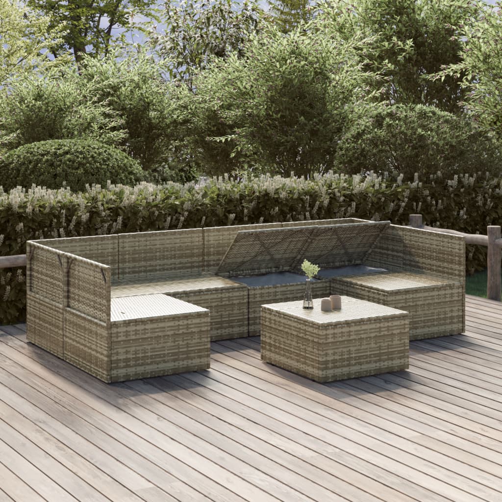 Градински лаундж комплект с възглавници 7 части полиратан сив