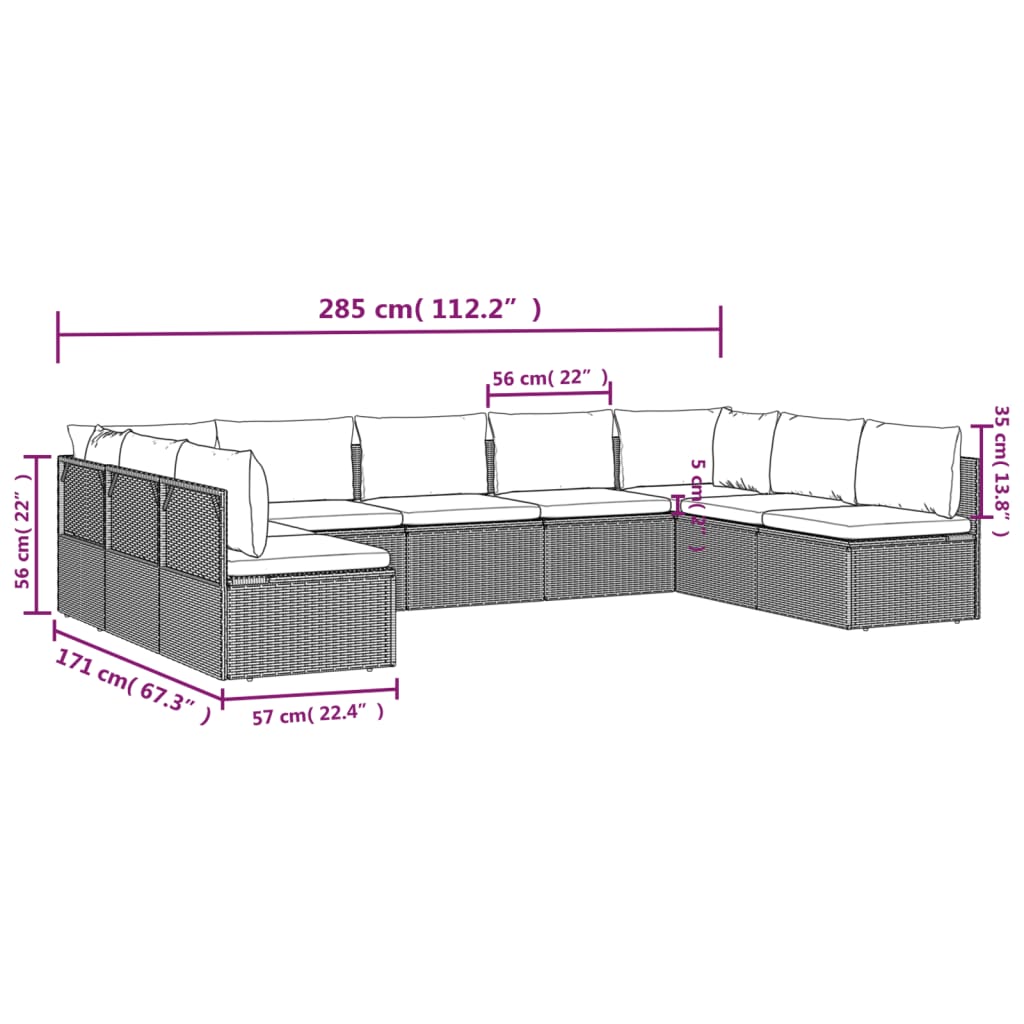 Градински лаундж комплект с възглавници 9 части сив полиратан