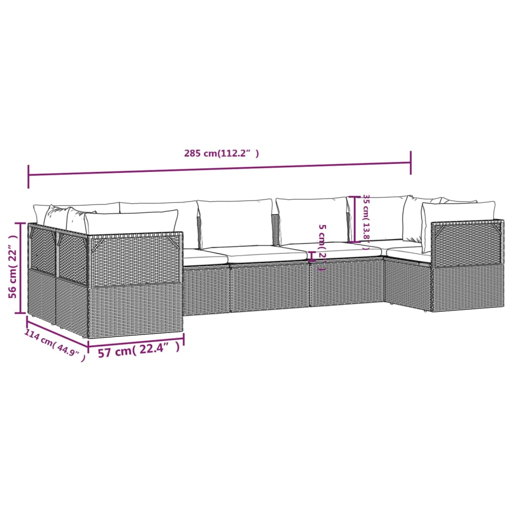 Градински лаундж комплект с възглавници 7 части полиратан сив