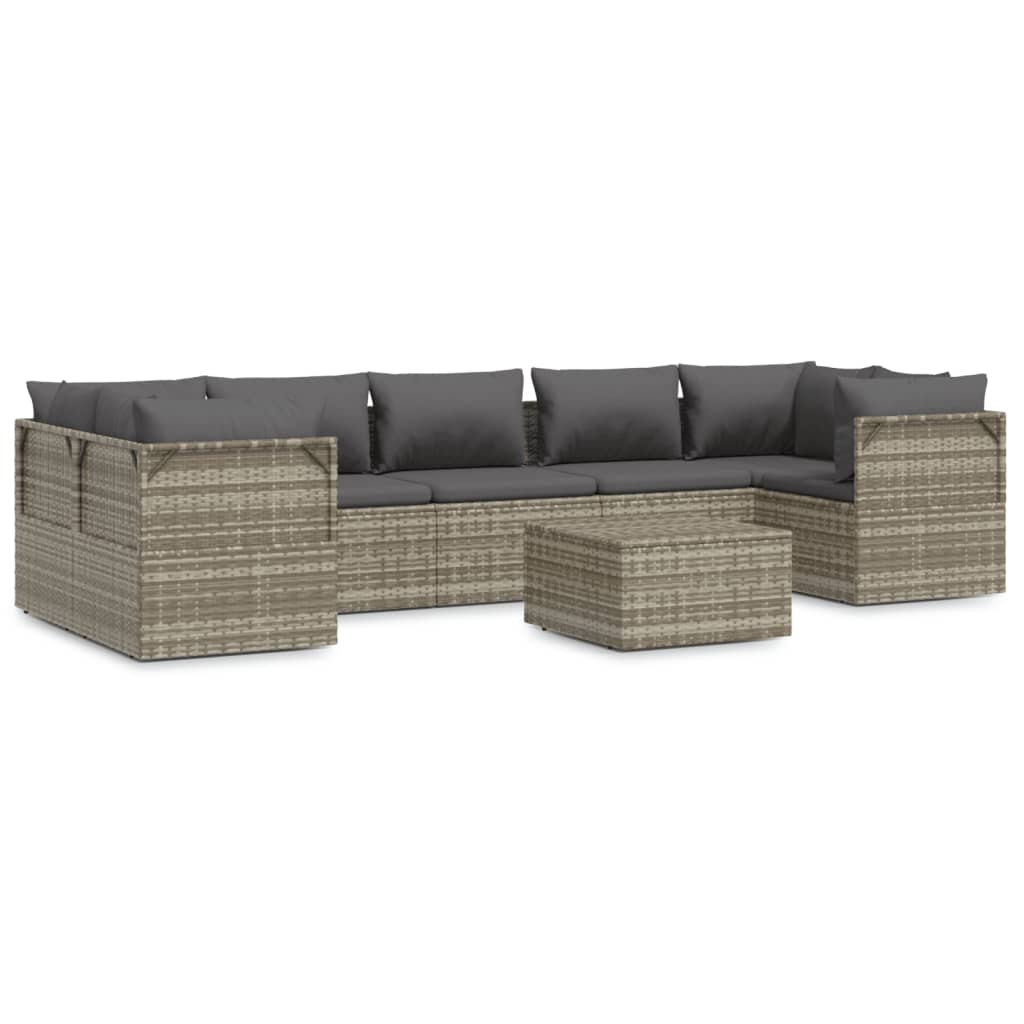 Градински комплект с възглавници, 8 части, полиратан, сив