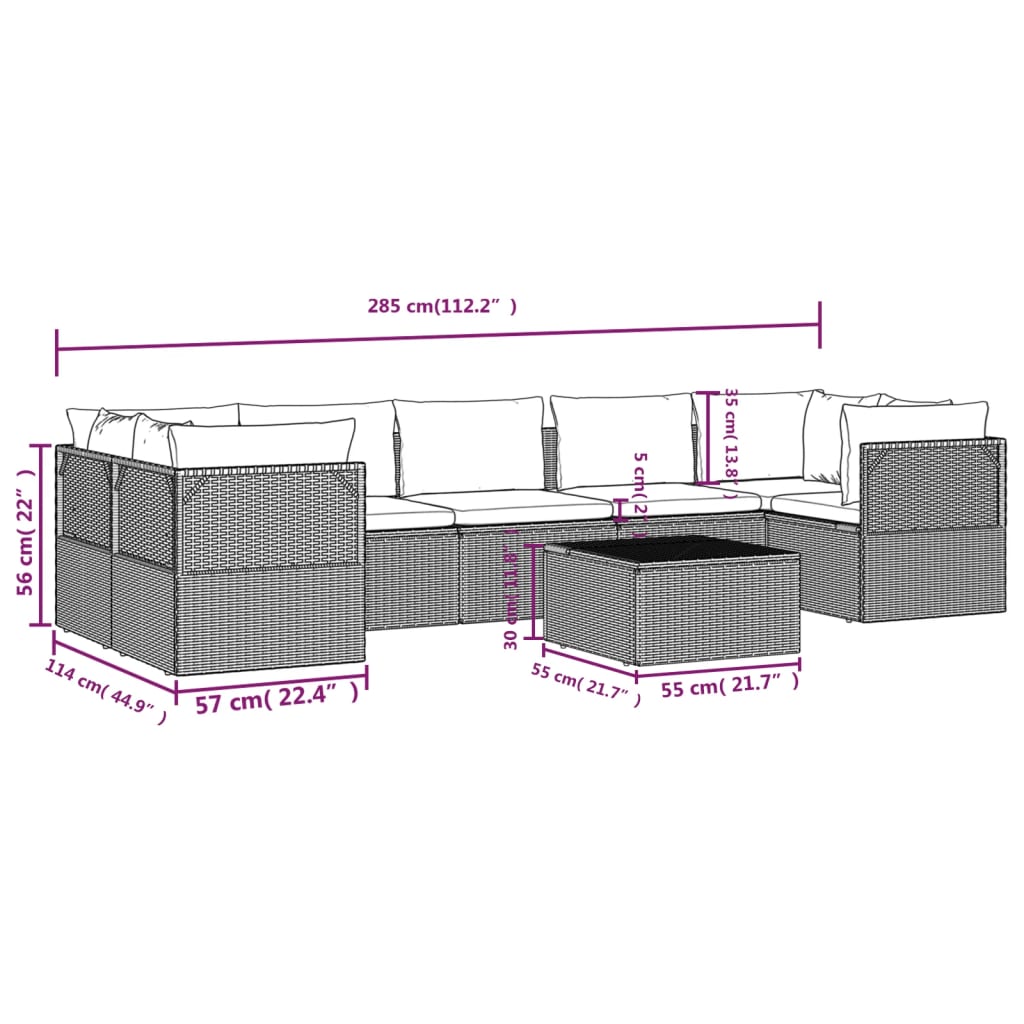 Градински комплект с възглавници, 8 части, полиратан, сив