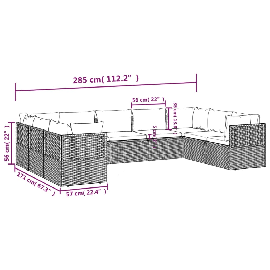Градински лаундж комплект с възглавници 9 части сив полиратан