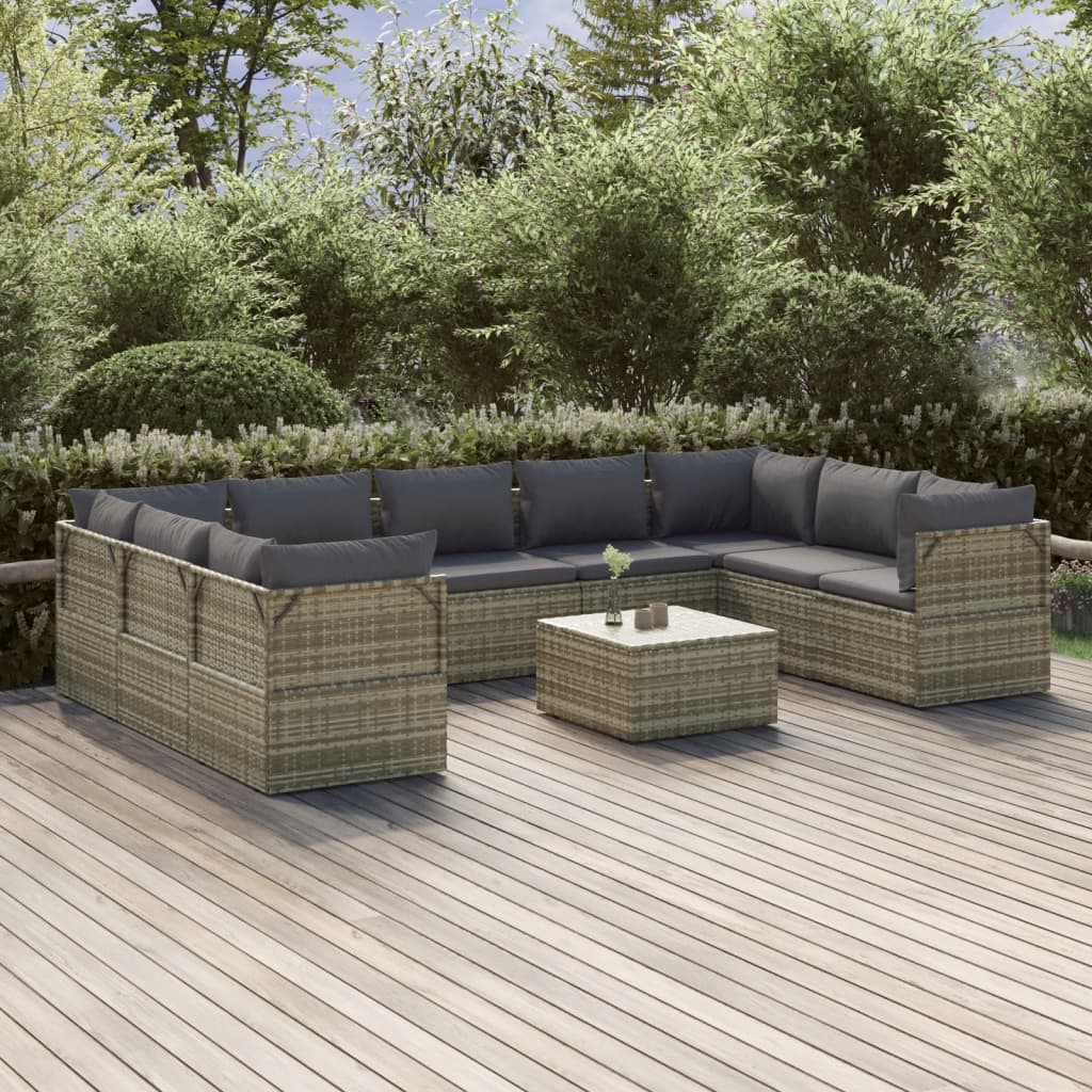 vida XL 10-tlg. Garten-Lounge-Set mit Kissen Grau Poly Rattan