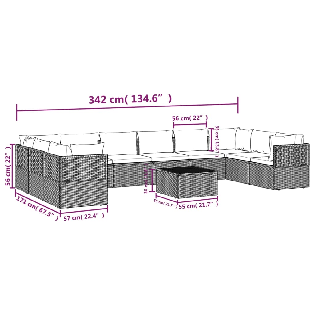 Градински комплект с възглавници, 11 части, сив, полиратан