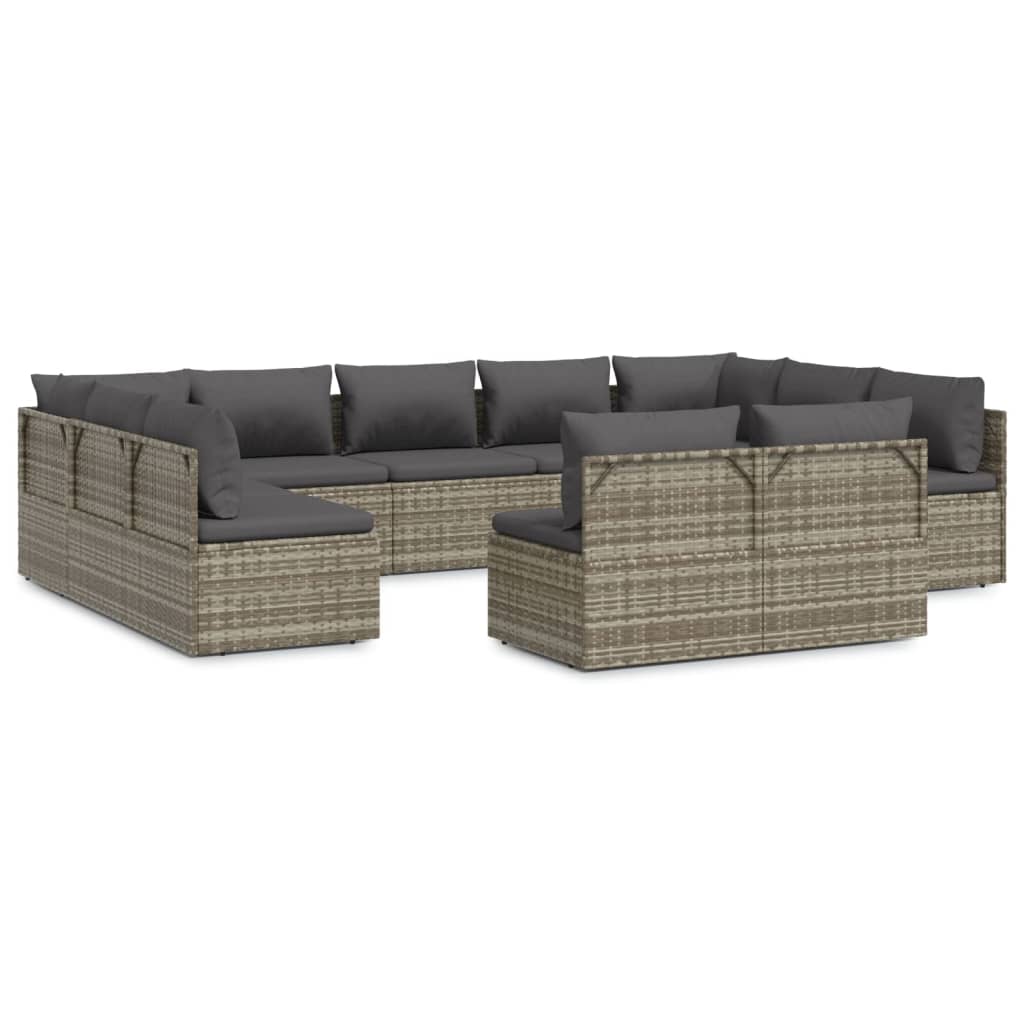 Градински комплект с възглавници, 11 части, сив, полиратан