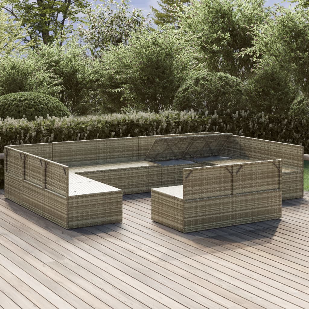 Градински комплект с възглавници, 11 части, сив, полиратан