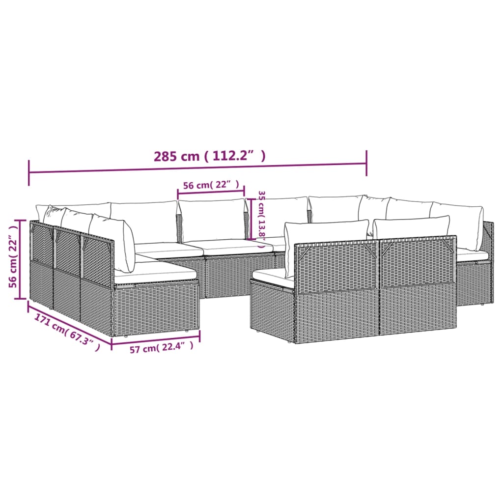 Градински комплект с възглавници, 11 части, сив, полиратан