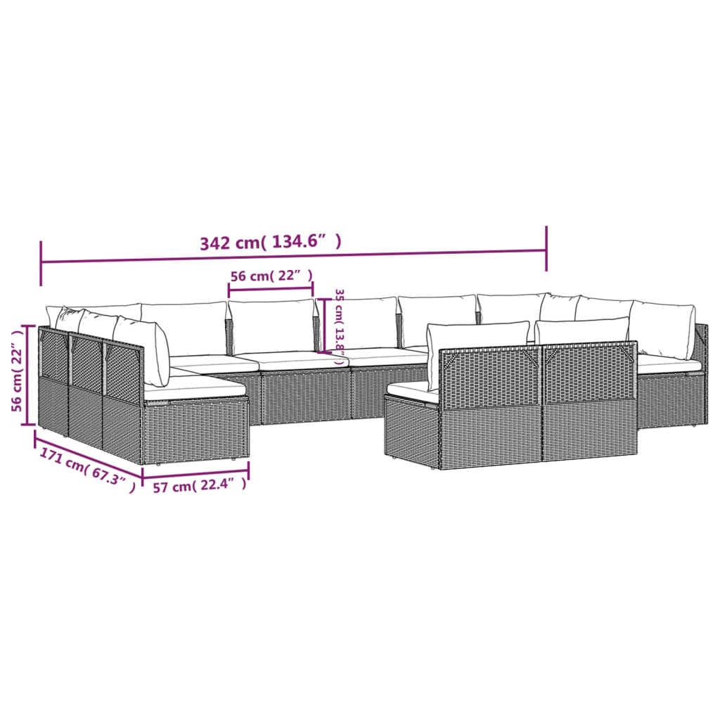 Градински лаундж комплект с възглавници 12 части сив полиратан