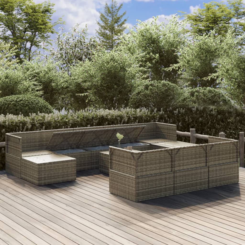 Градински комплект с възглавници, 11 части, сив, полиратан