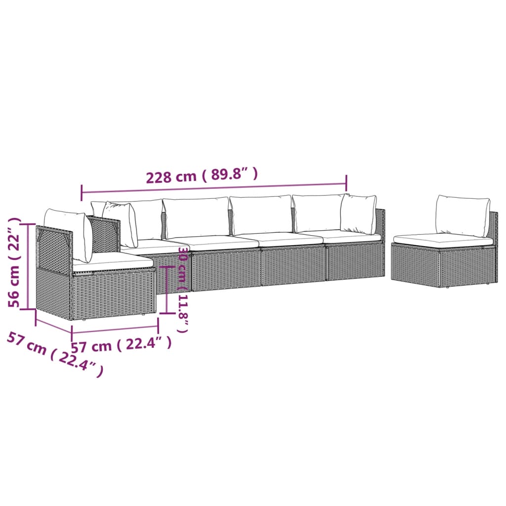 Градински комплект с възглавници, 6 части, полиратан, сив