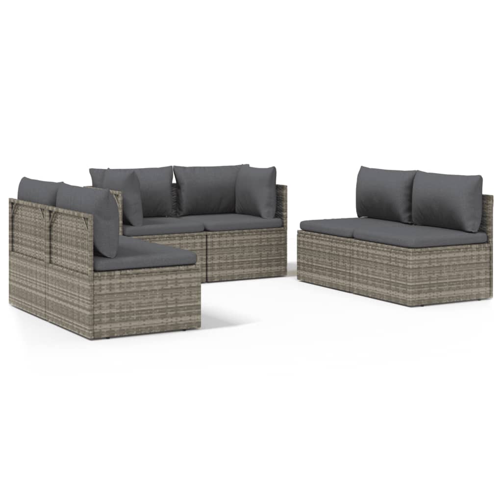 Градински комплект с възглавници, 6 части, полиратан, сив