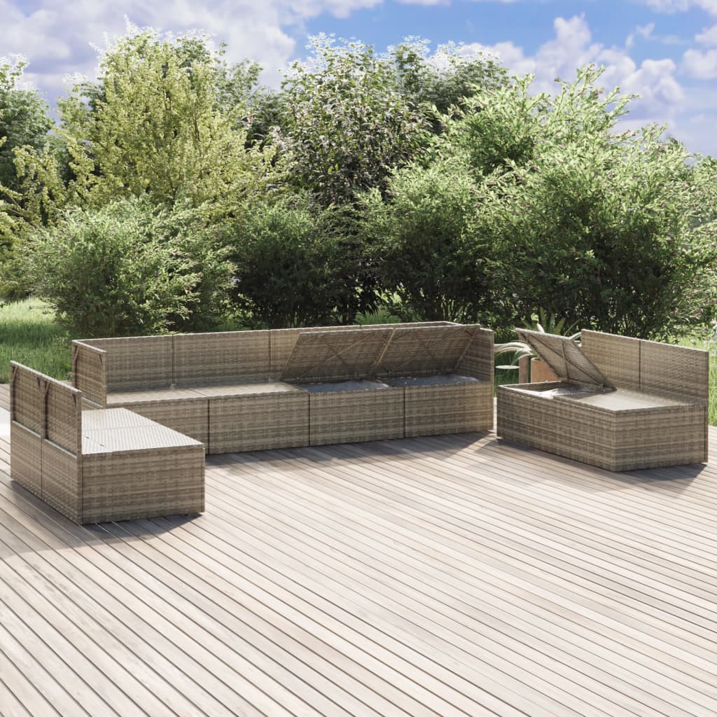 Градински комплект с възглавници, 8 части, полиратан, сив