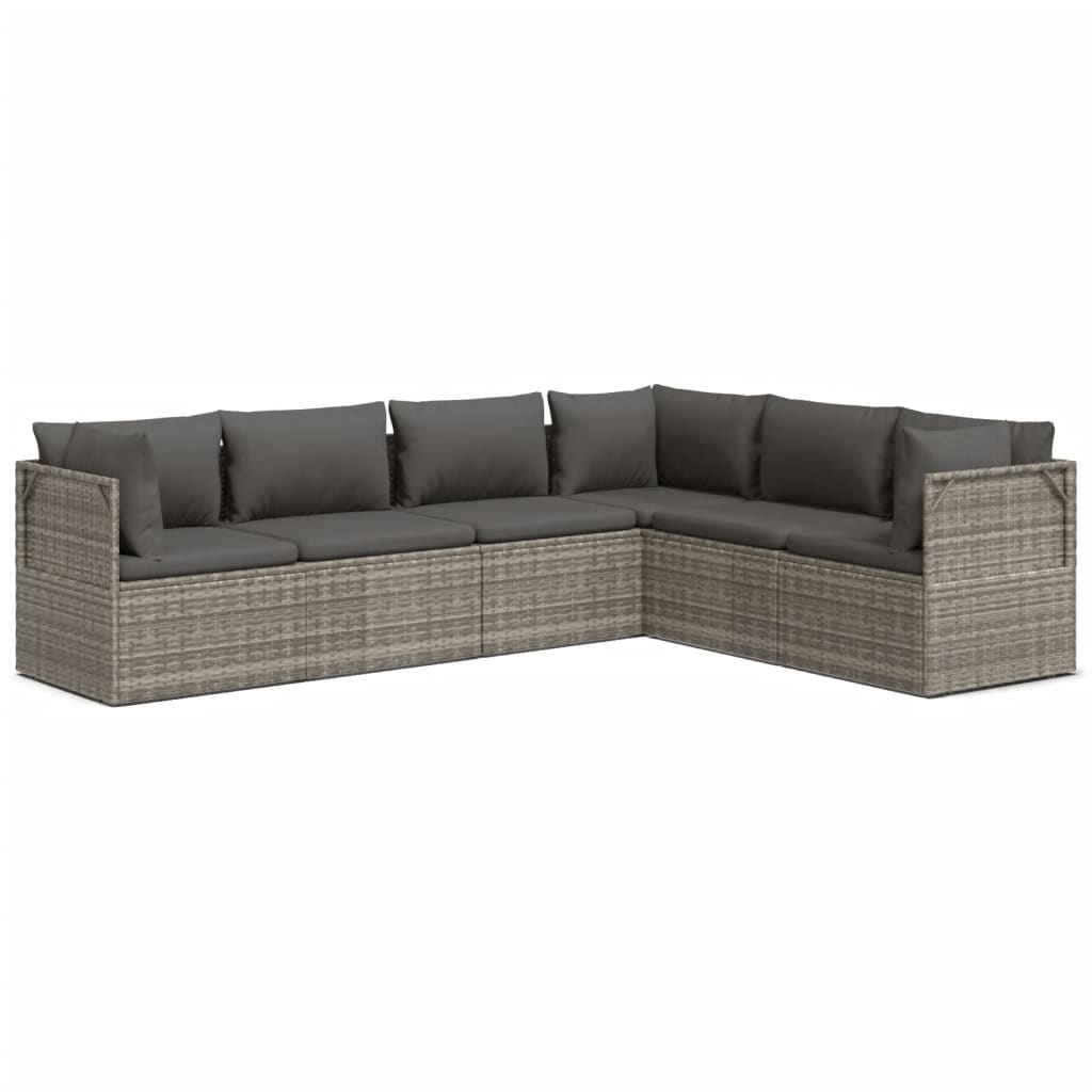 Градински комплект с възглавници, 6 части, полиратан, сив