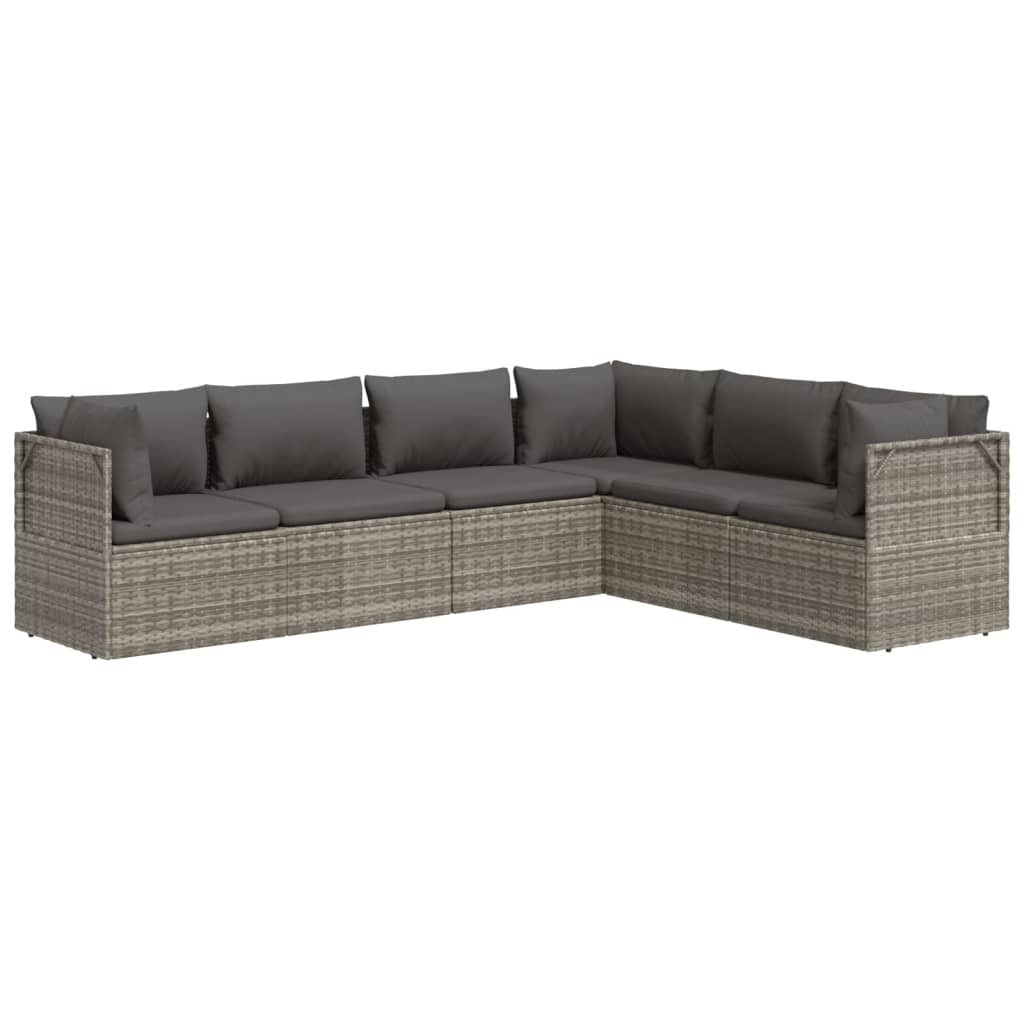 Градински комплект с възглавници, 6 части, полиратан, сив