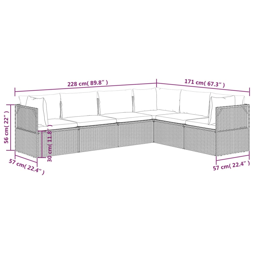 Градински комплект с възглавници, 6 части, полиратан, сив