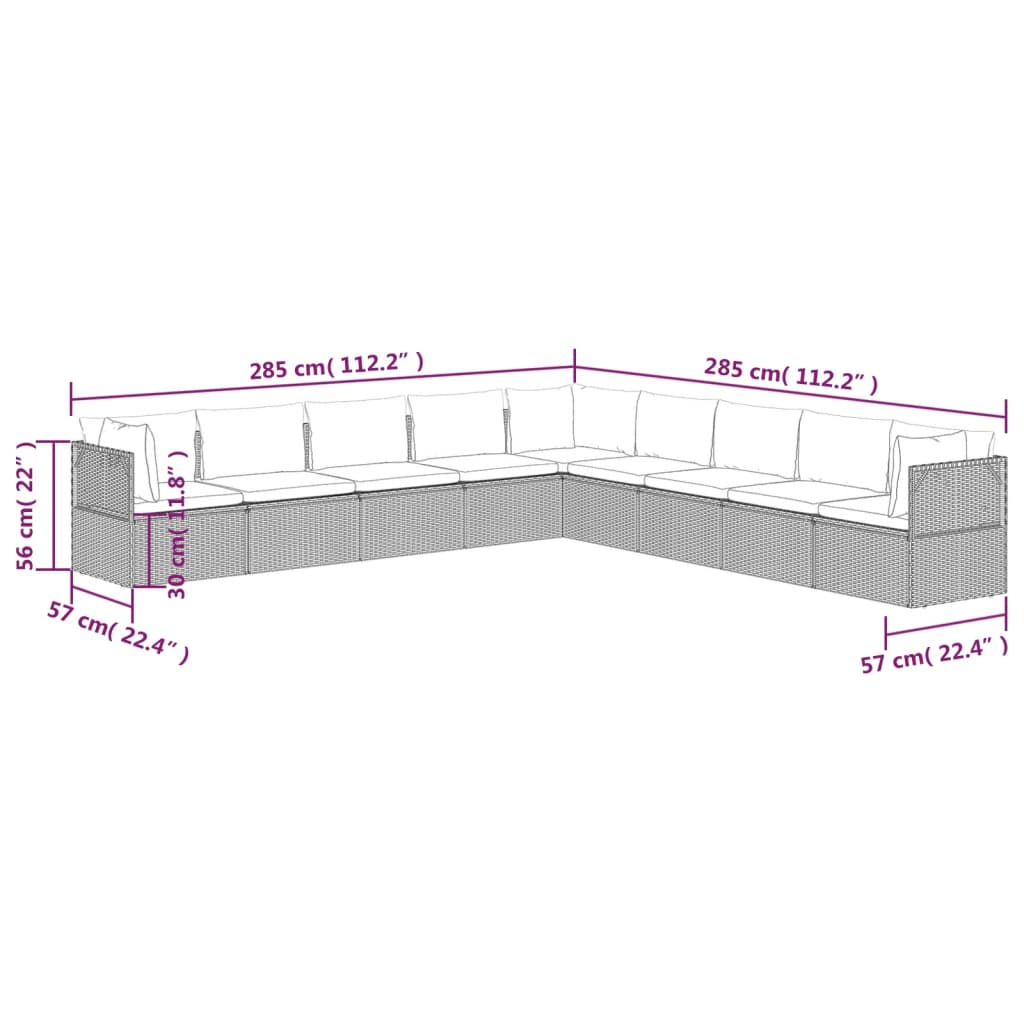 Градински лаундж комплект с възглавници 9 части сив полиратан