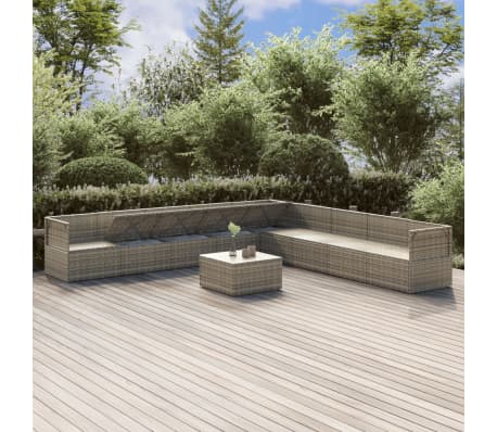 vidaXL 10-tlg. Garten-Lounge-Set mit Kissen Grau Poly Rattan
