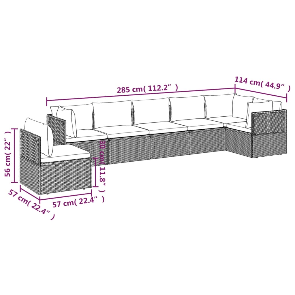 Градински лаундж комплект с възглавници 7 части полиратан сив