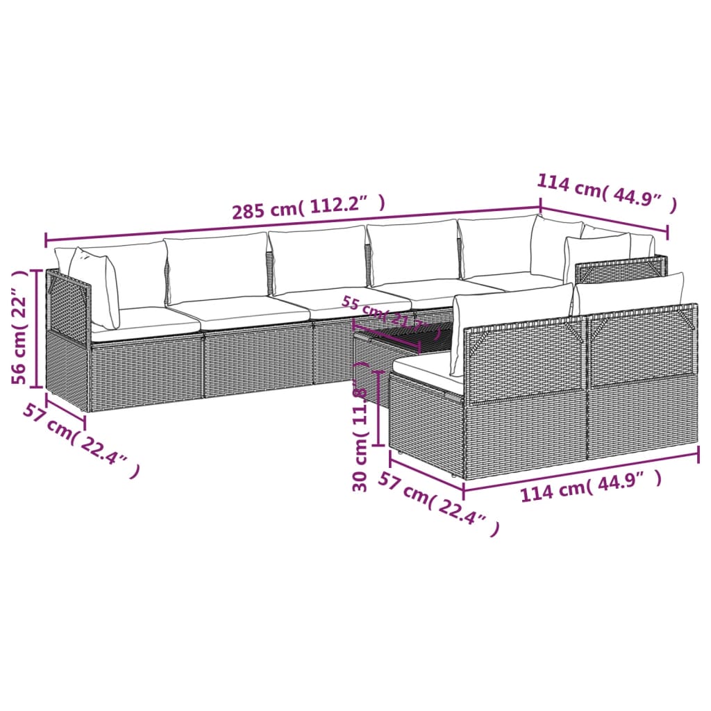 Градински лаундж комплект с възглавници 9 части сив полиратан
