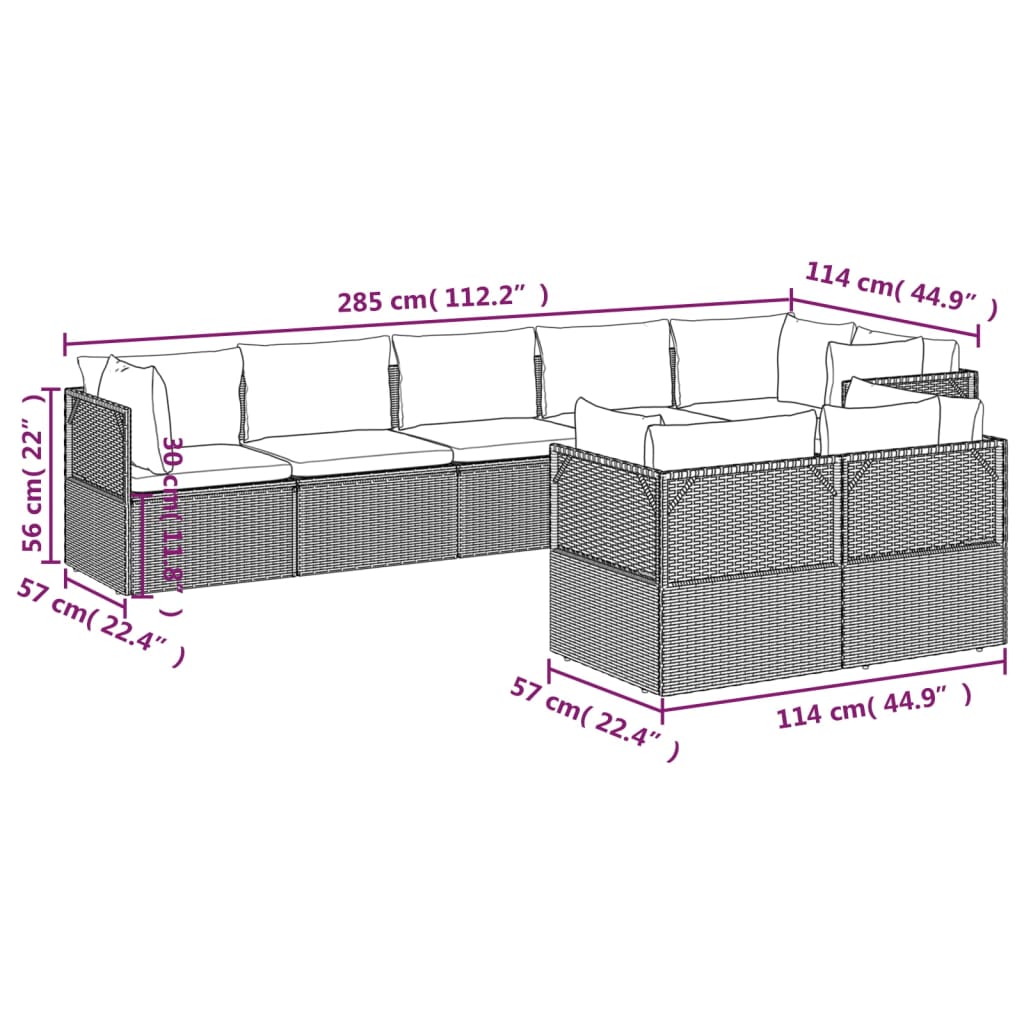 Градински комплект с възглавници, 8 части, полиратан, сив