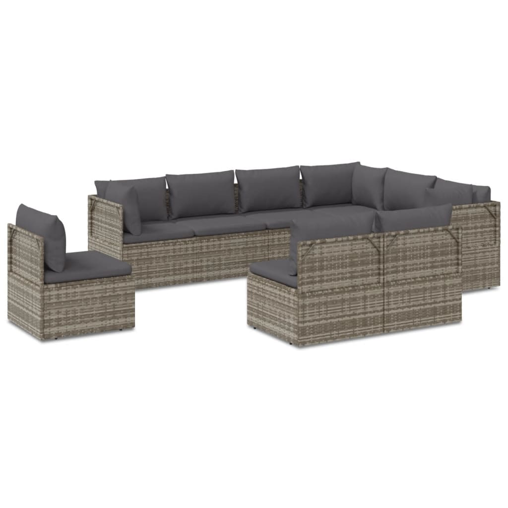 Градински лаундж комплект с възглавници 9 части сив полиратан