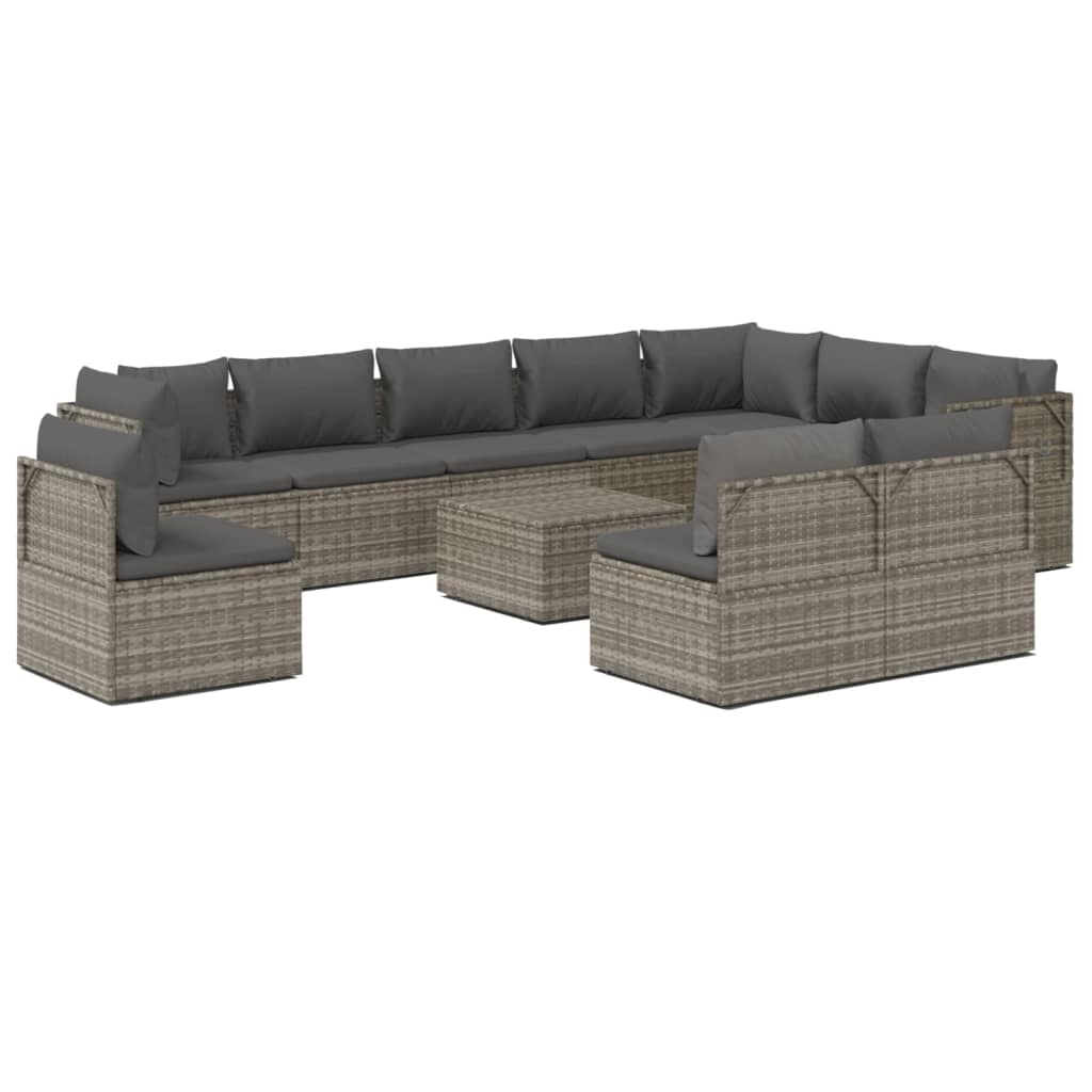 Градински комплект с възглавници, 11 части, сив, полиратан